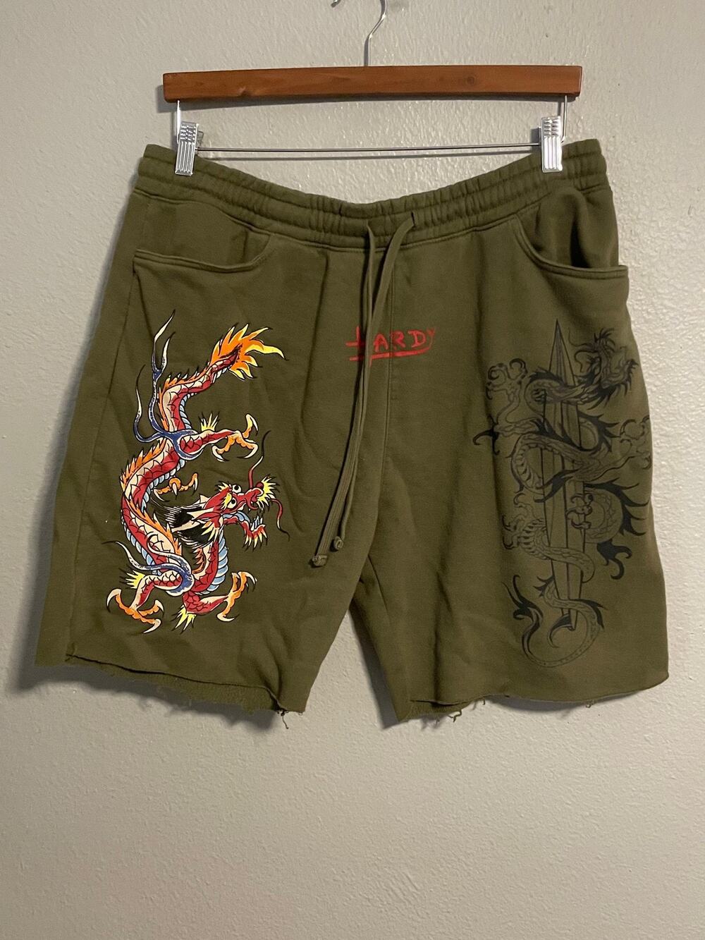 Ed Hardy Sweat Shorts Mens XL Green Dragon Tattoo Fleece 9 Inseam Distressed